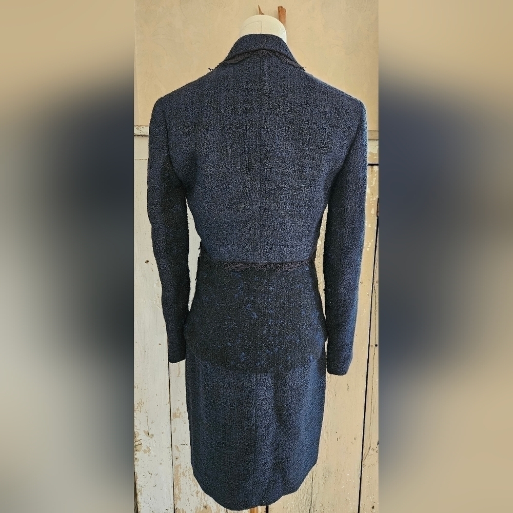 Elie Tahari Navy 2 Piece Wool Blazer Sleeveless Dress Lace Trim Set-Size 2 - Picture 14 of 16